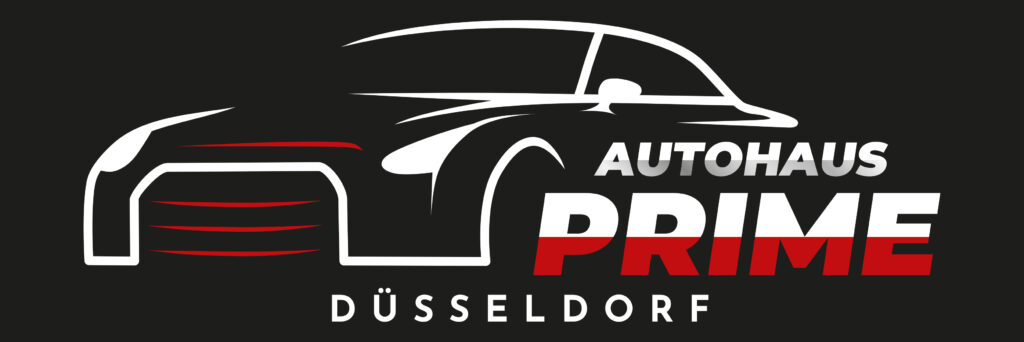 a black and white logo with a car silhouette. The Logo of Autohaus Prime in Düsseldorf